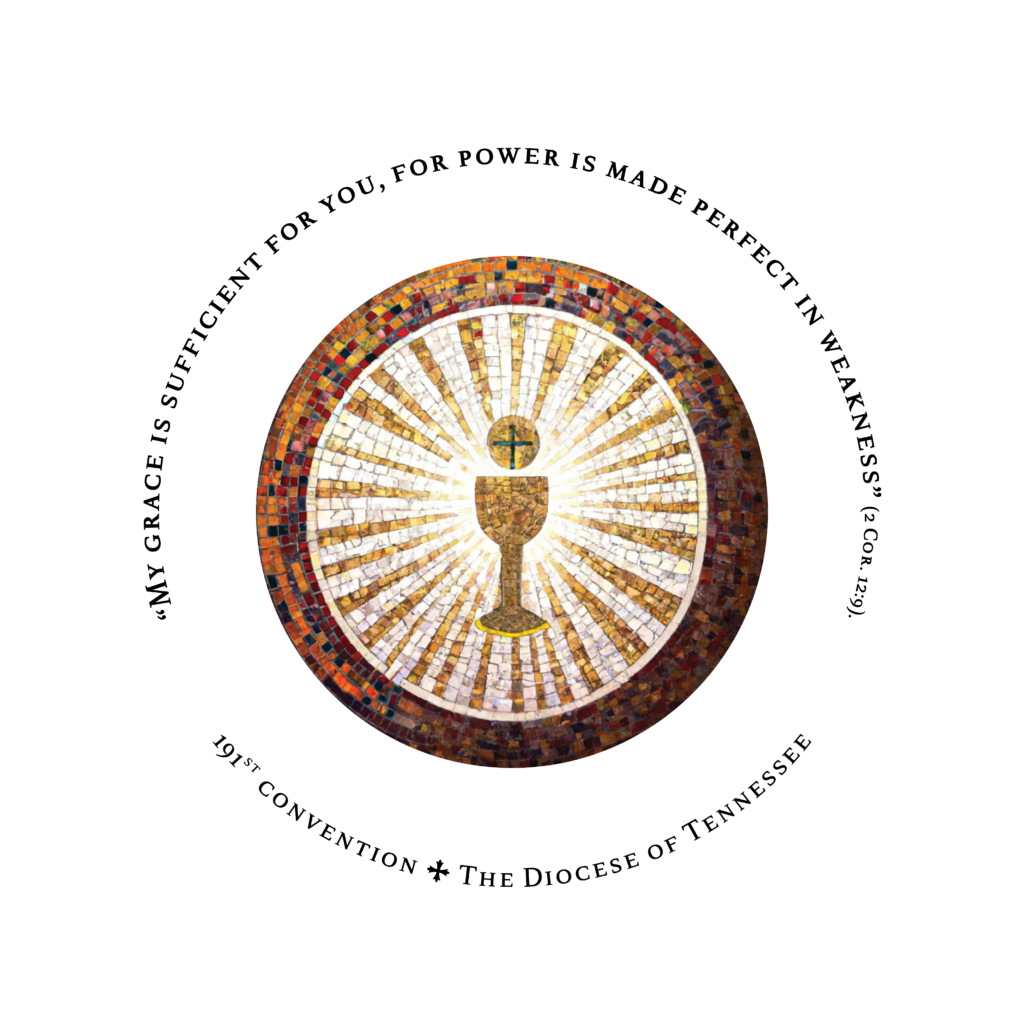 logo for Diocesan Convention consisting of a mosaic of a communion chalice and wafer surrounded by the scripture verse, a portion of 2 Corinthians 12:9, and the number of Convention.
